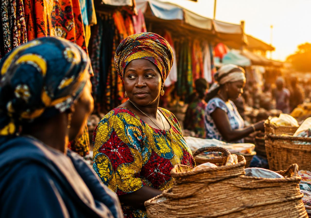 Traders at an African market at golden hour